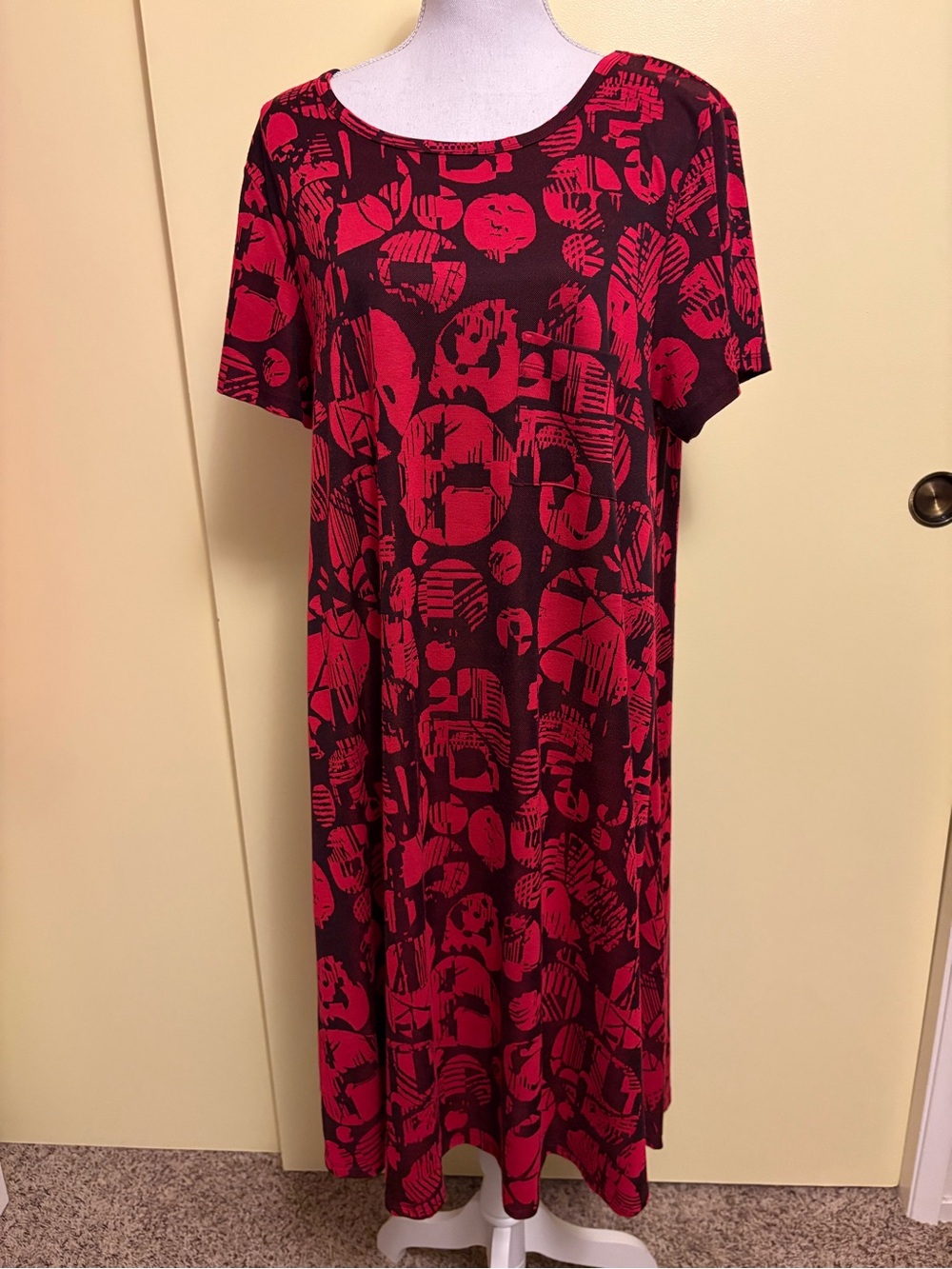 LuLaRoe Black Maxi Dress with Bold Red Abstract Print